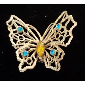 Vintage Unsigned Blue and Amber Rhinestone, Gold Color, Metal, Butterfly Brooch